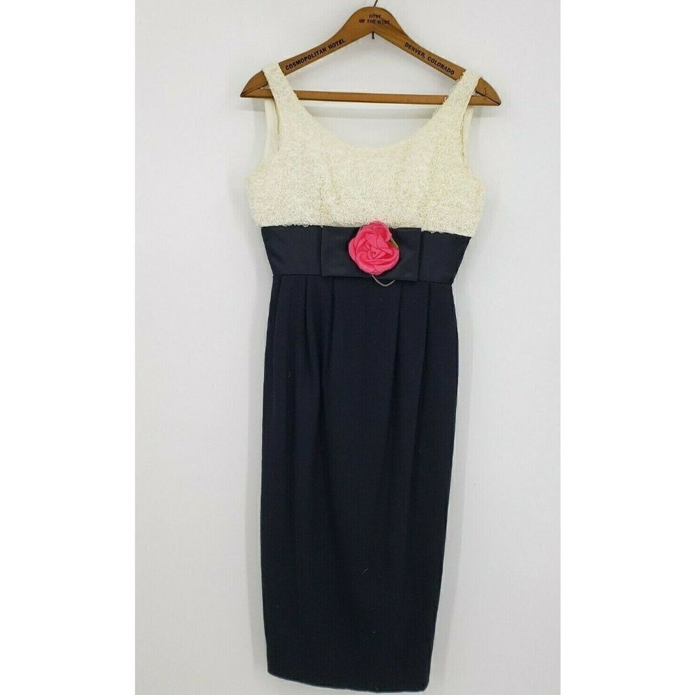 Vintage Jerell Jr Dress Womens Small? Black Ivory Lace Pink Rose